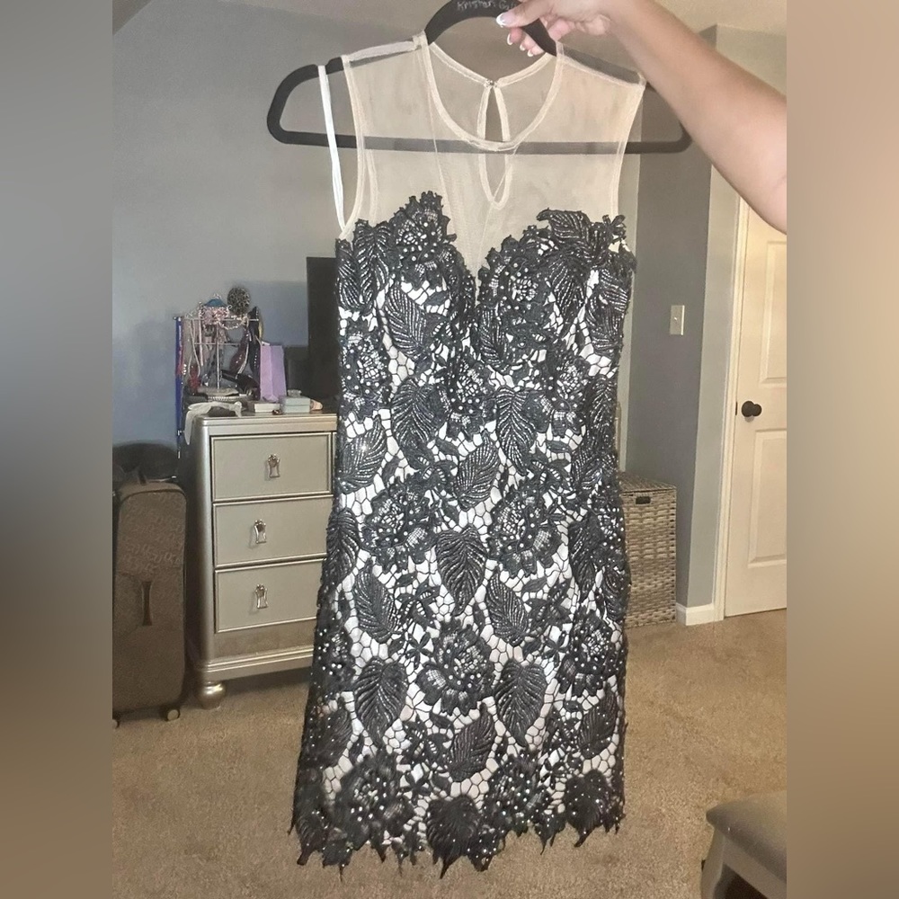 Black lace cocktail dress with mesh top